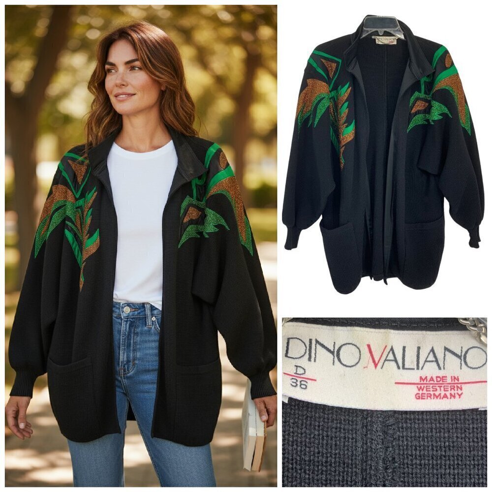 Vtg 80's Dino Valiano Applique Balloon Sleeve Knit Sweater Jacket Sz DE 36 US 8